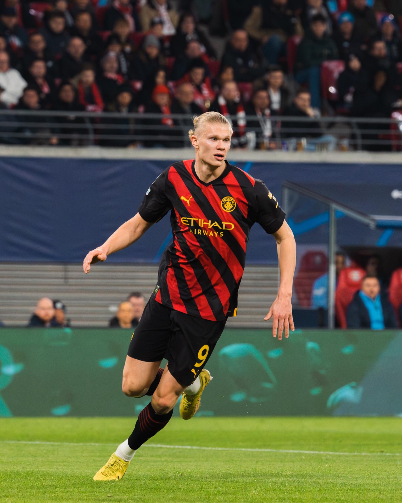 Erling Haaland playing for Manchester City in Leipzig on 22 February 2023 — archive photograph