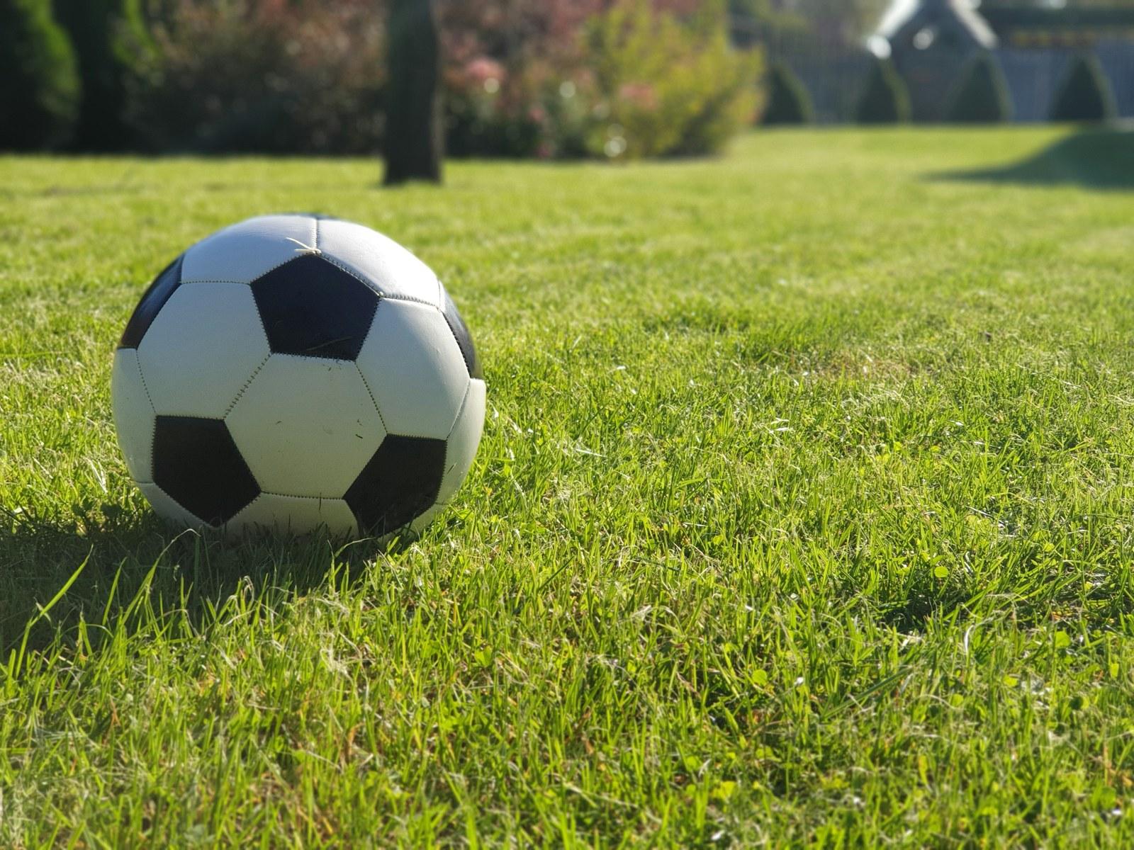 A football resting on sunlit grass — illustrative archive photograph