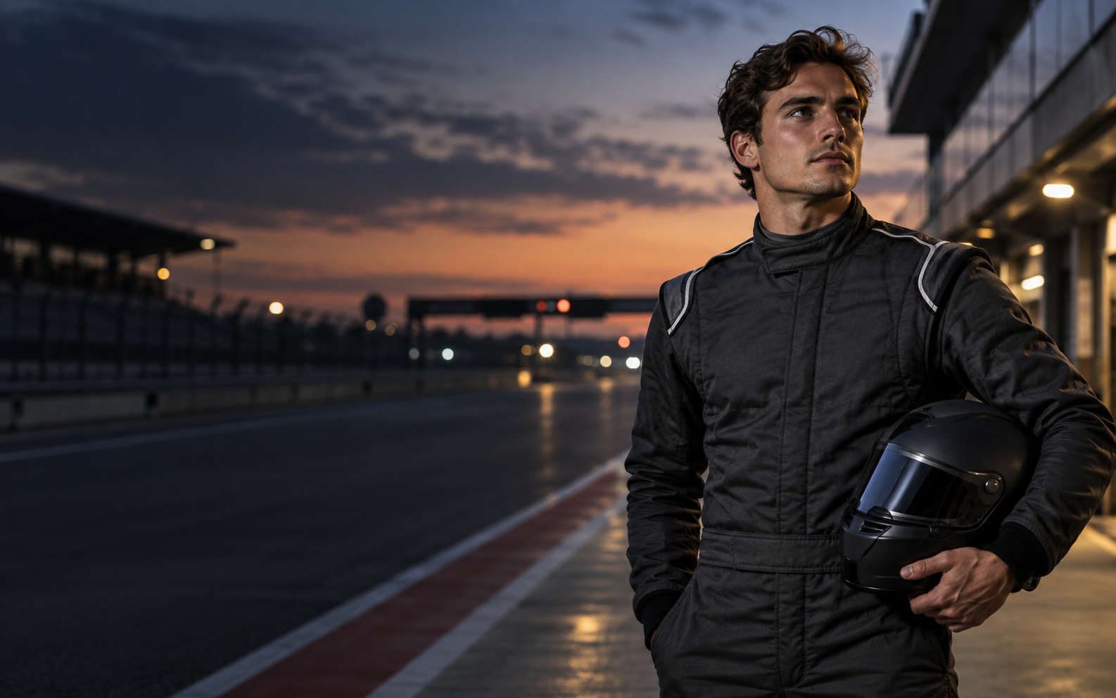 Fictional racing driver beside a pit lane — illustrative editorial visual